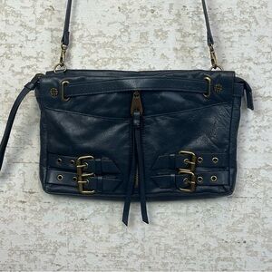 JOELLE HAWKENS Boho Black Pebbled Leather Crossbody Shoulder Bag Brass Hardware